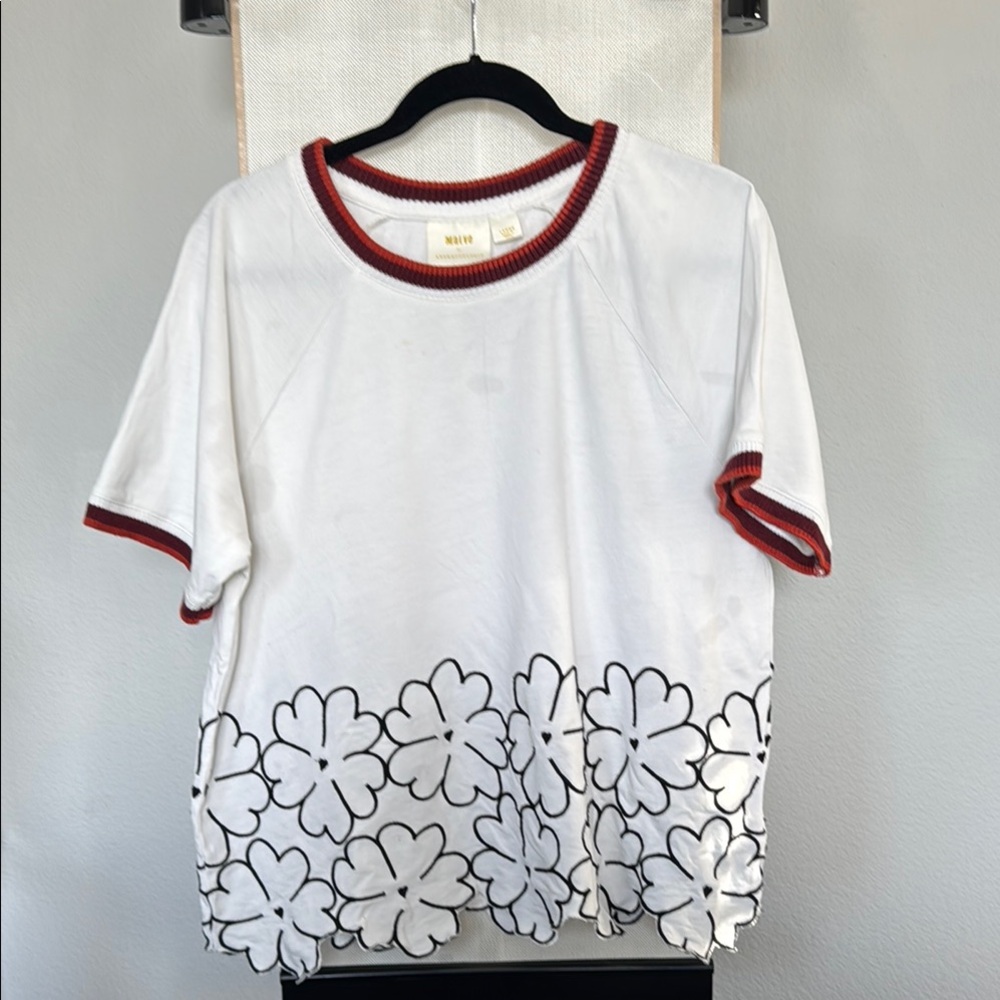Miu Miu White T-Shirt with Red Trim and Black Floral Design